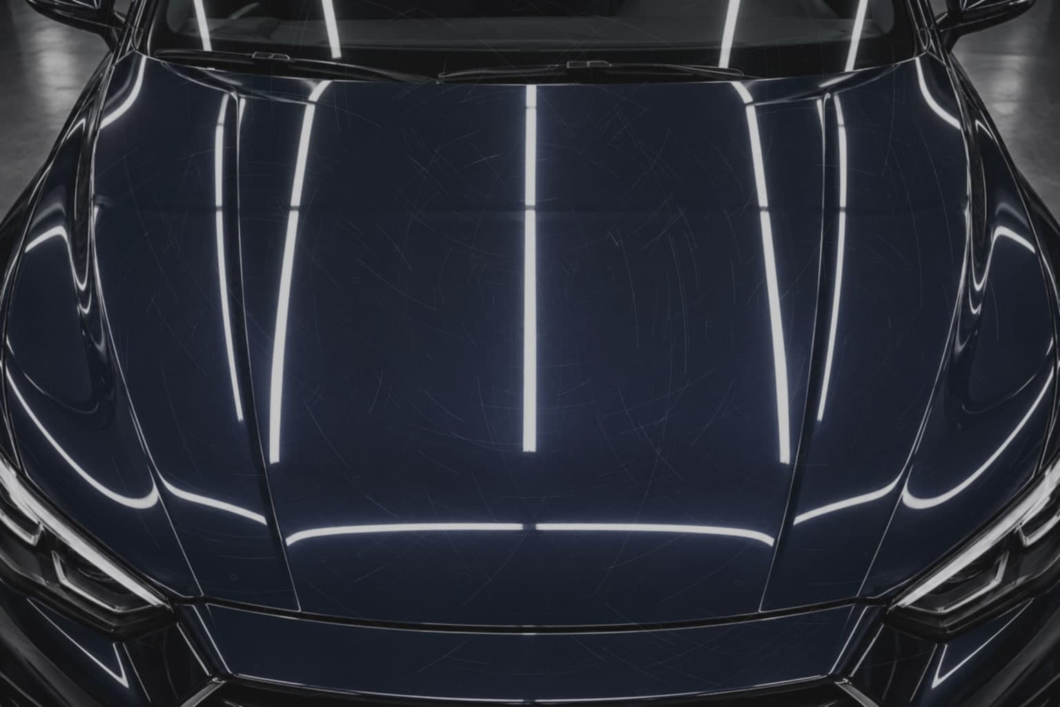 Vorher: matte Motorhaube mit Wirbelspuren und Wasserflecken (Demo-Visualisierung)