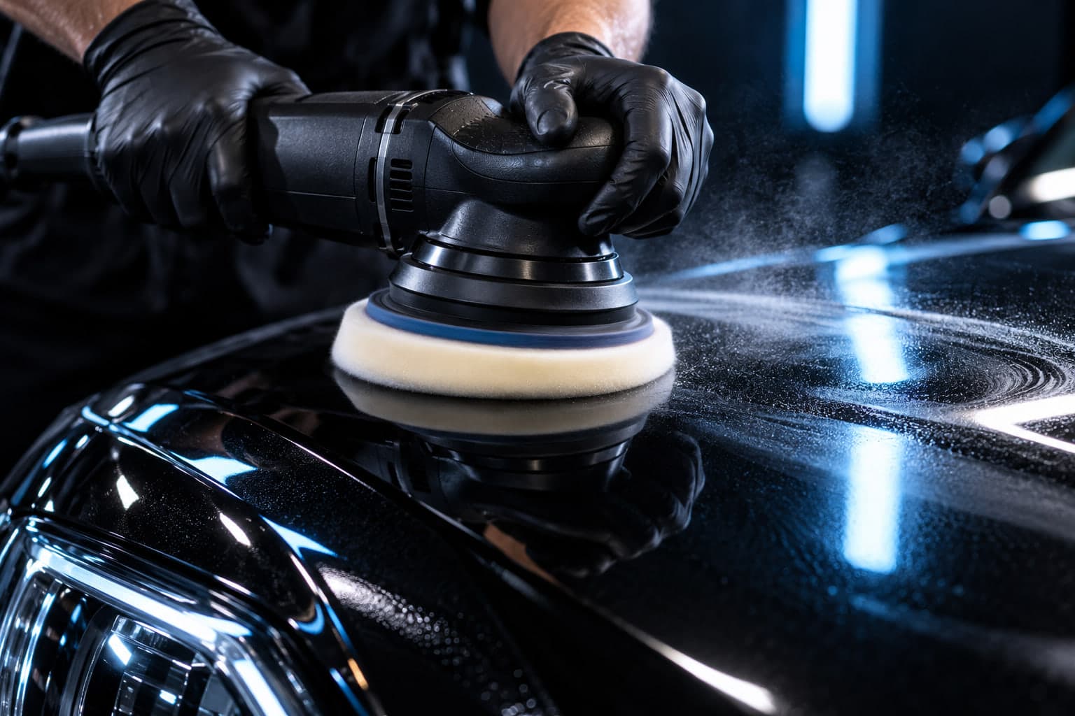 Poliermaschine auf schwarzem Autolack mit blauer Lichtreflexion (Demo-Visual)