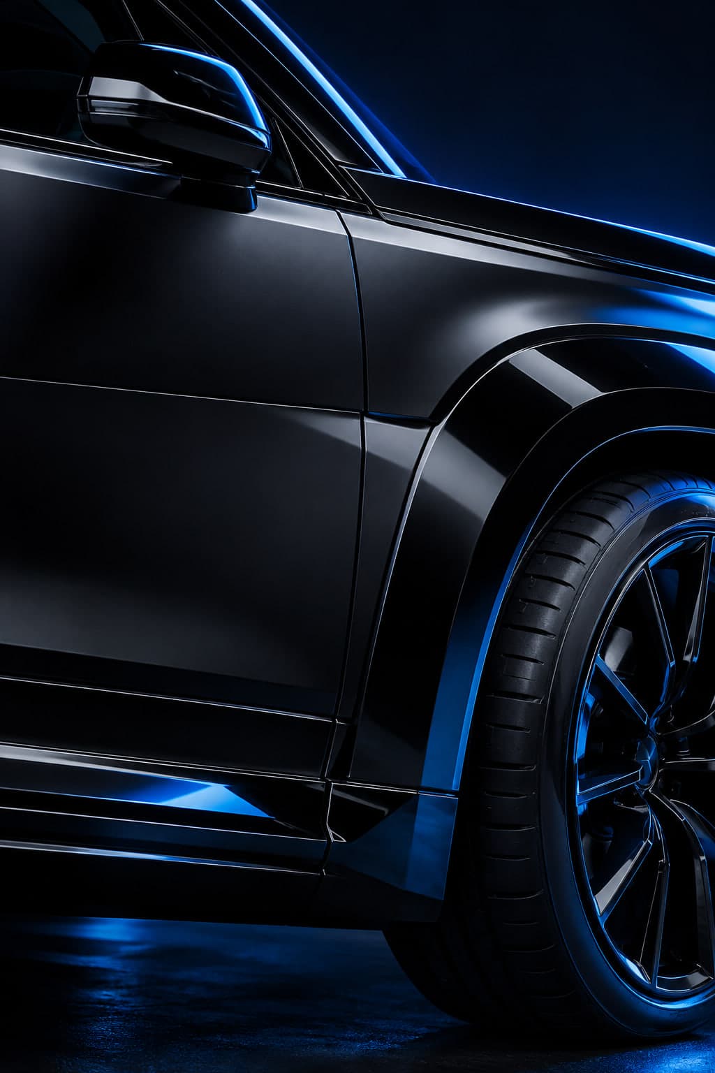 Seitenlinie eines schwarzen SUV mit blauem Streiflicht (Demo-Visual)